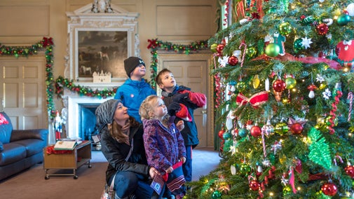 A family look up at a tall Christmas tree covered in decorations